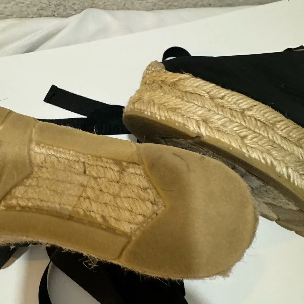Ralph Lauren Black Uma Espadrille Wedge Ankle Wrap Platform Sandals Size 37